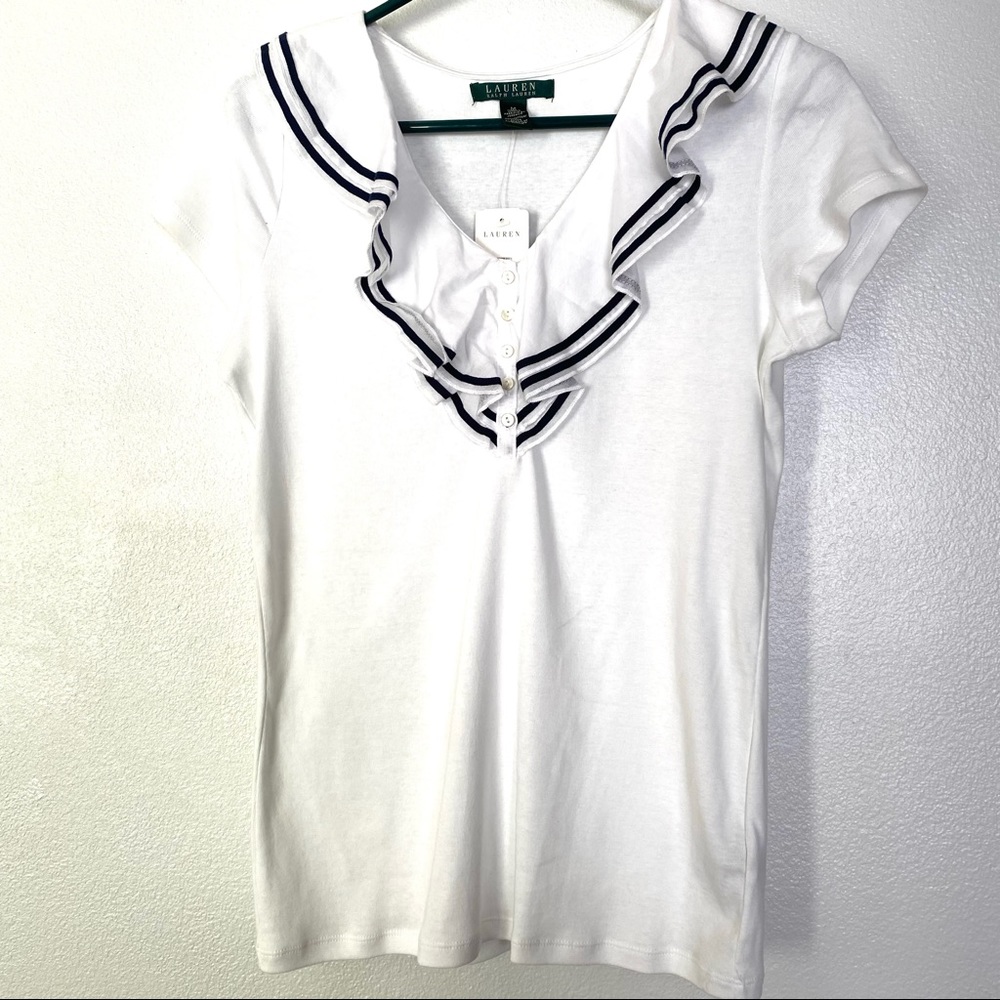 Ralph Lauren Women’s White Top With Ruffled Neckline with Stripped Trim